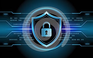 Blue digital shield with padlock and binary code background cybersecurity data protection