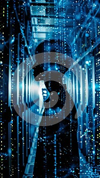 Blue digital silhouette in a forest of server racks the embodiment of a networked consciousness