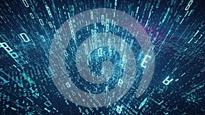 Blue digital stream of glowing binary code and numbers falling data technology