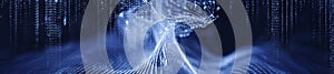 Blue Digital Wave Banner with Binary Code Matrix Design