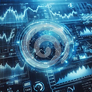 Blue Digital Wave Visualization. Futuristic Global Data Analytics Dashboard with Digital Finance and Market Trends Visualization photo