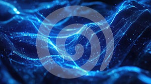 Blue digital waves of interconnected data particles flowing