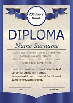 Blue diploma or certificate or vertical template. The text on s