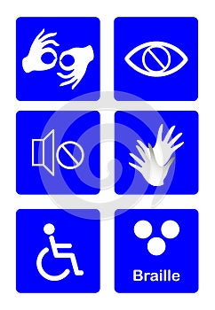 Blue disability symbols and signs collection, may be used to publicize accessibility of places, and other activities for