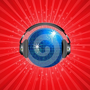 Blue disco ball and headphone on red background