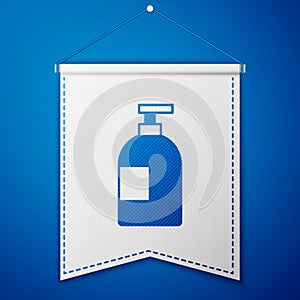 Blue Dishwashing liquid bottle icon isolated on blue background. Liquid detergent for washing dishes. White pennant