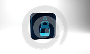 Blue Dishwashing liquid bottle icon isolated on grey background. Liquid detergent for washing dishes. Blue square button