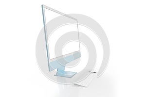 Blue display mockup on a clean white background with keyboard and mouse beside