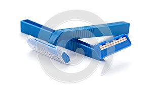 Blue disposable shavers on white background