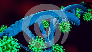 Blue DNA structure on blurred background attacked by SARS-CoV-2 Coronavirus - 3D Illustration