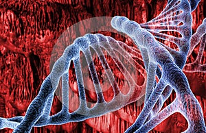Blue DNA structure on red background. 3d render