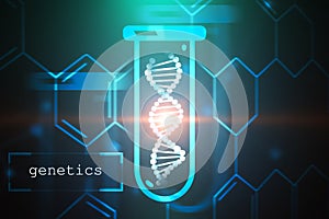 Blue dna in test tube, atom grid, genetics, green