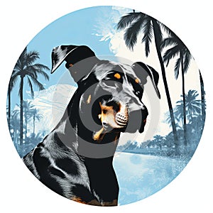 Blue Doberman Pinscher At Palm Beach Hyperrealistic Circle T-shirt Design