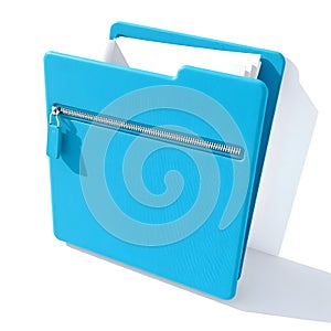 Blue zippered document folder with papers on white background
