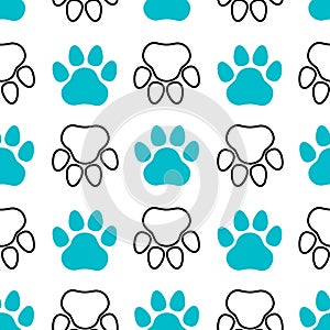 Blue dog footprints on seamless pattern. Paw prints. Vector