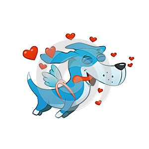 Blue dog in love jumping with hearts around