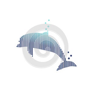 Blue dolphin abstract stripe silhouette with bubbles. Animal vector illustration