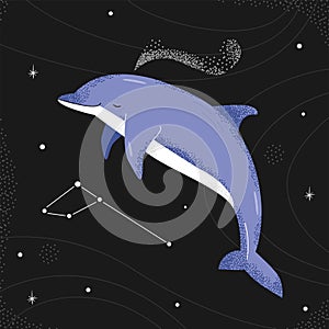 Blue dolphin flying in the night starry sky. delphinus constellation.