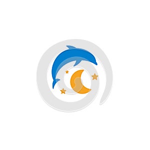 Blue dolphin, yellow moon and starry sky logo on white background. Children night light, sleep vector illustration.