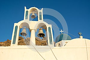 Blue dome church in Imerovigli village, Santorini island, Greece