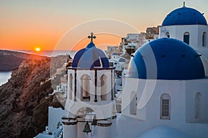 Blue dome of white church in Oia, Santorini, Greece