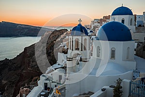 Blue dome of white church in Oia, Santorini, Greece