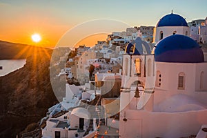 Blue dome of white church in Oia, Santorini, Greece