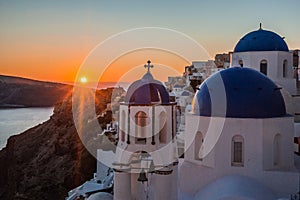 Blue dome of white church in Oia, Santorini, Greece