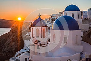 Blue dome of white church in Oia, Santorini, Greece