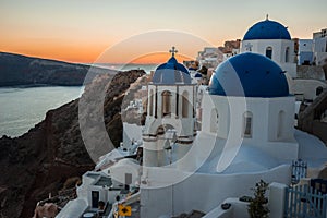 Blue dome of white church in Oia, Santorini, Greece