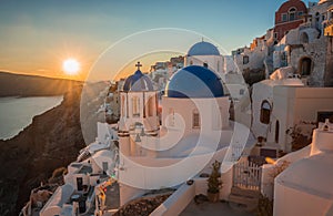 Blue dome of white church in Oia, Santorini, Greece