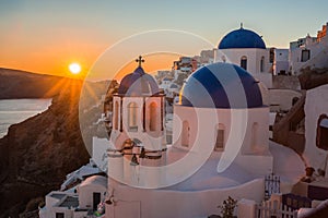 Blue dome of white church in Oia, Santorini, Greece