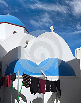 Blue Domed Church in Chora on Ios island, Cyclades, Greece