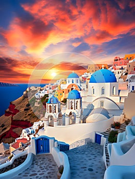 Blue-domed churches and white-washed houses. Beautiful sunset of tranquil Santorini island, Greece