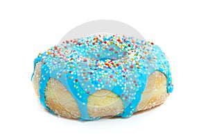 A blue donut with colorful speckles