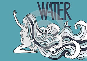 Blue doodle illustration. Pregnant woman praying. Water inspiration. River waves.