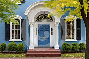 blue door of a colonial revival house with a white, arched fanlight above