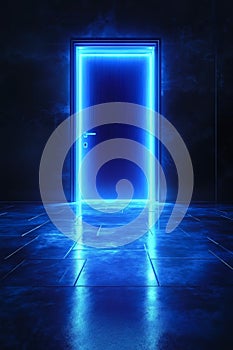 A blue door in a dark room with a light at the end