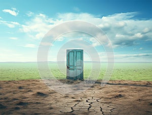 Blue door in the middle of a land separated to green and dry parch land