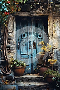 Blue door on the old house, created with generative AI