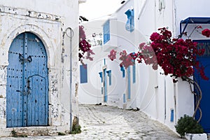 Blue doors, window and white wall of building in Sidi Bou Said photo