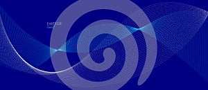 Blue dots in motion dark vector abstract background, particles array wavy flow, curve lines of points in movement, technology and