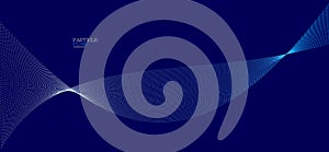 Blue dots in motion dark vector abstract background, particles array wavy flow, curve lines of points in movement, technology and