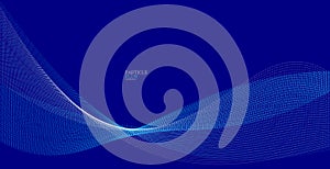 Blue dots in motion dark vector abstract background, particles array wavy flow, curve lines of points in movement, technology and