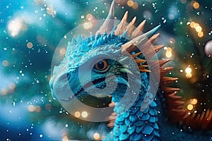 Blue dragon and bokeh background. Christmas and New Year concept. Generative AI.