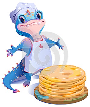 Blue dragon chef and stack of freshly prepared pancakes. Mardi Gras holiday or Russian Maslenitsa
