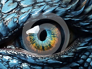 Blue dragon eye. Blue yellow eye of a Dragon. Blue eyes. Mythological creatures concept. Animal eye. Fantastic monster. Ancient