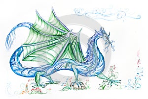 Blue dragon with green wings photo