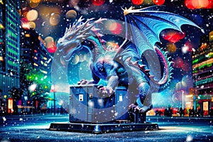 Blue dragon perches on blue box in night city