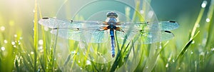 Blue dragonfly on the green grass with dew drops in the morning. Banner 3:1